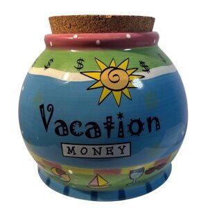 Vacation Money Ceramic Jar With Cork Lid Bella Casa By Ganz 5" Tall